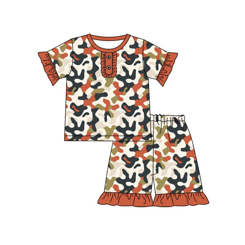 Preorder (moq 5)Baby Girls Dark Red Camo Tee Top Shorts Pajamas