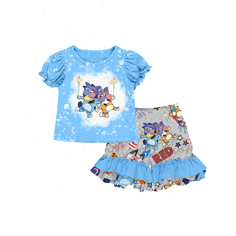 Baby Girls Dog 4th Of July Tee Shirt Ruffle Shorts Clothes Sets preorder(moq 5)