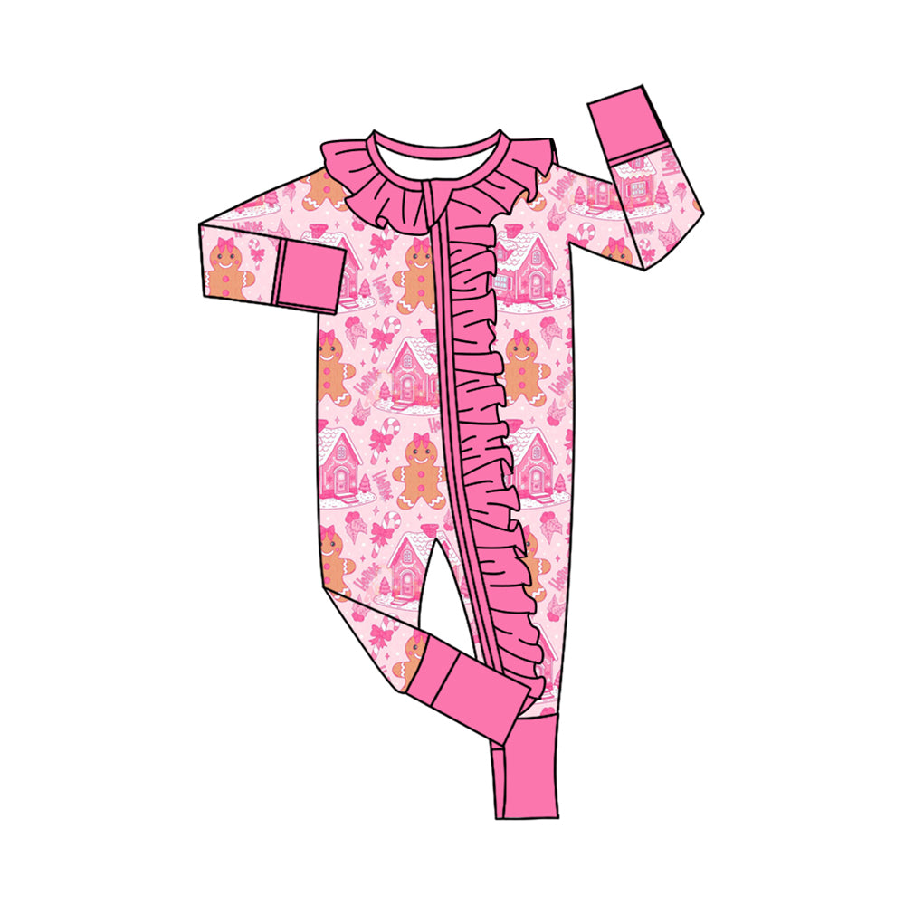 Preorder (moq 20)Baby Girls Bamboo Pink Houses Gingerbread Christmas Ruffle Zippy Footie Rompers