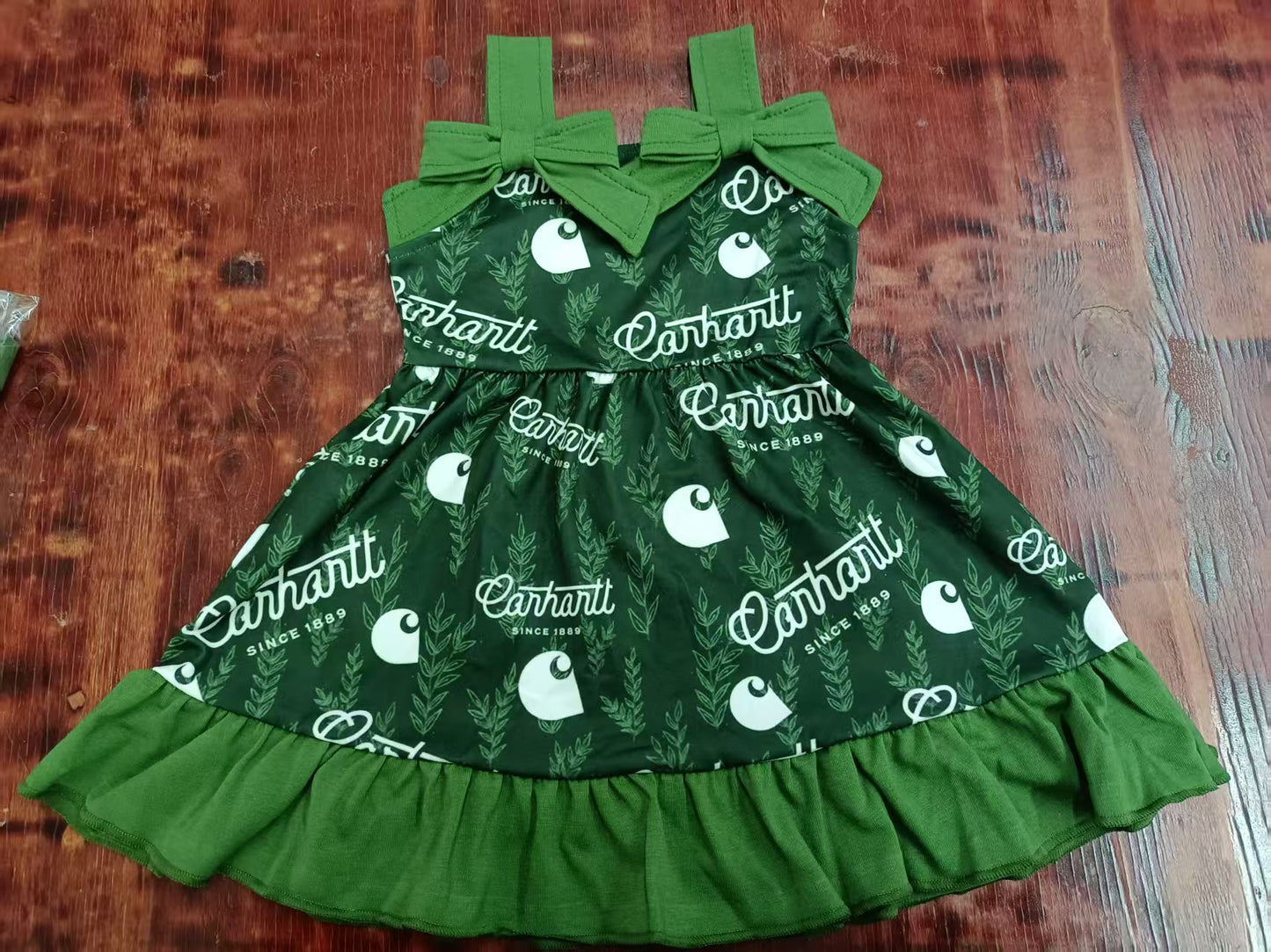 Preorder moq 5 Baby Girls Dark Green Strap Eanhantt Knee Length Dress