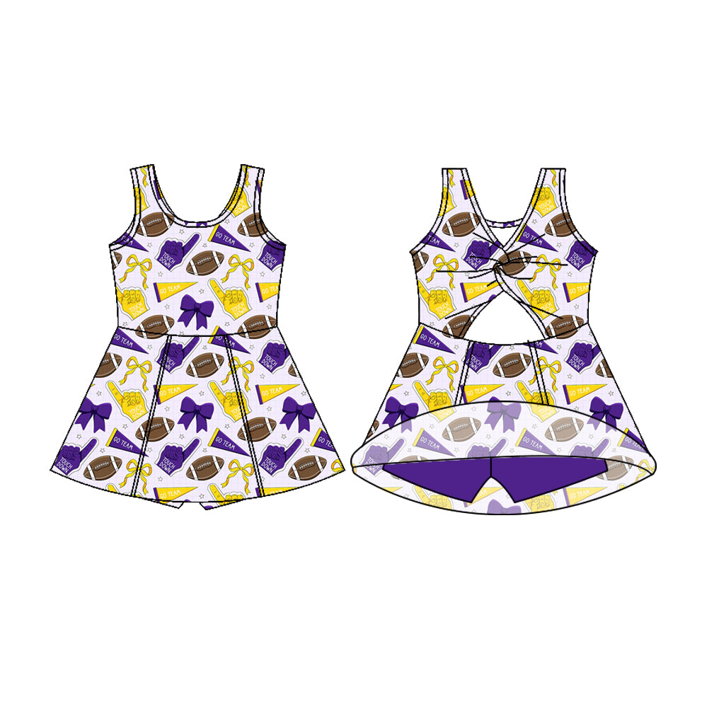 Preorder (moq 5)Baby Girls Sleeveless Yellow Purple Bows Footballs Shorts Team Knee Length Dress