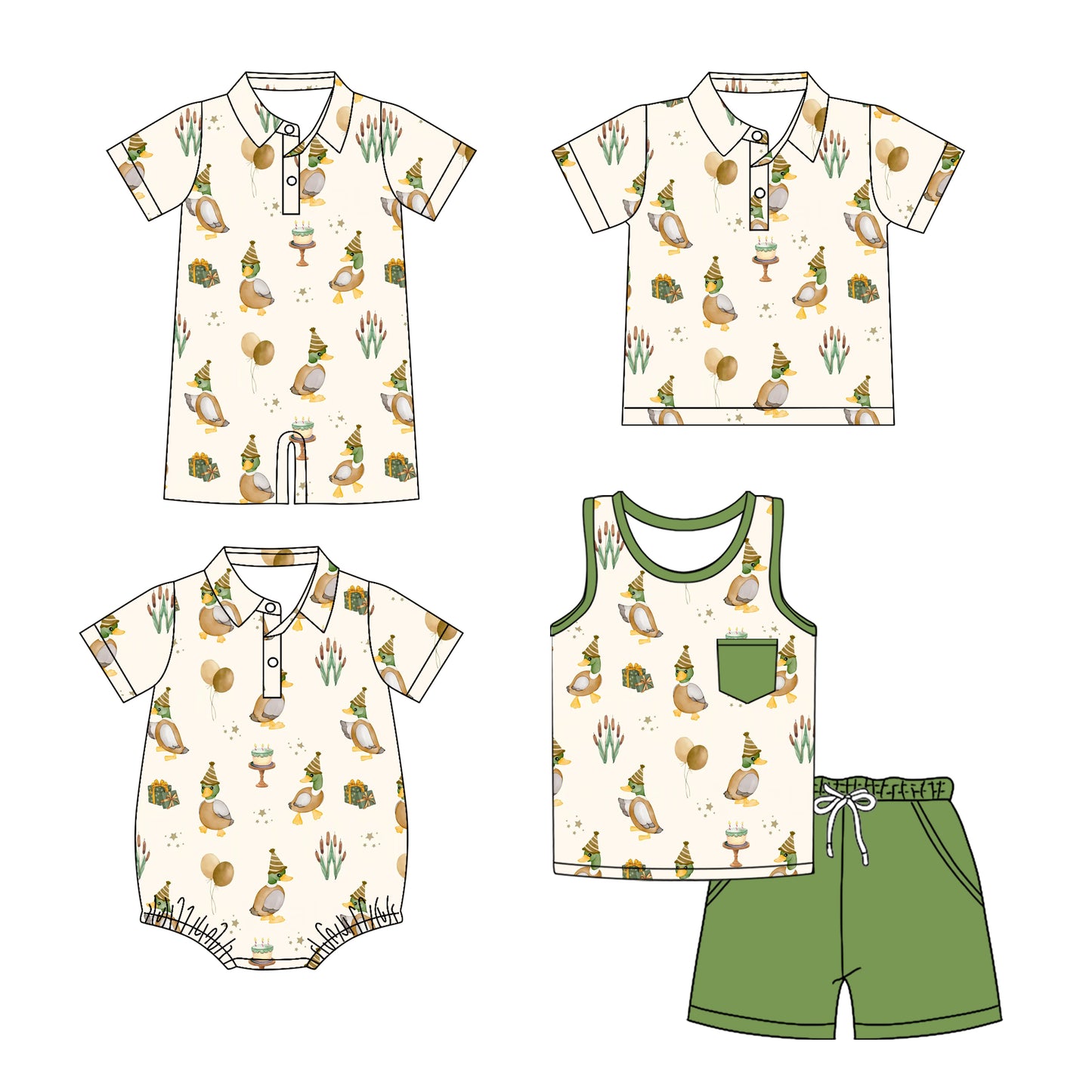 Preorder moq 5 Custom Baby Boys Green Short Sleeves Ducks Birthday Cakes Button Top Short Set Polo Shirts And Rompers