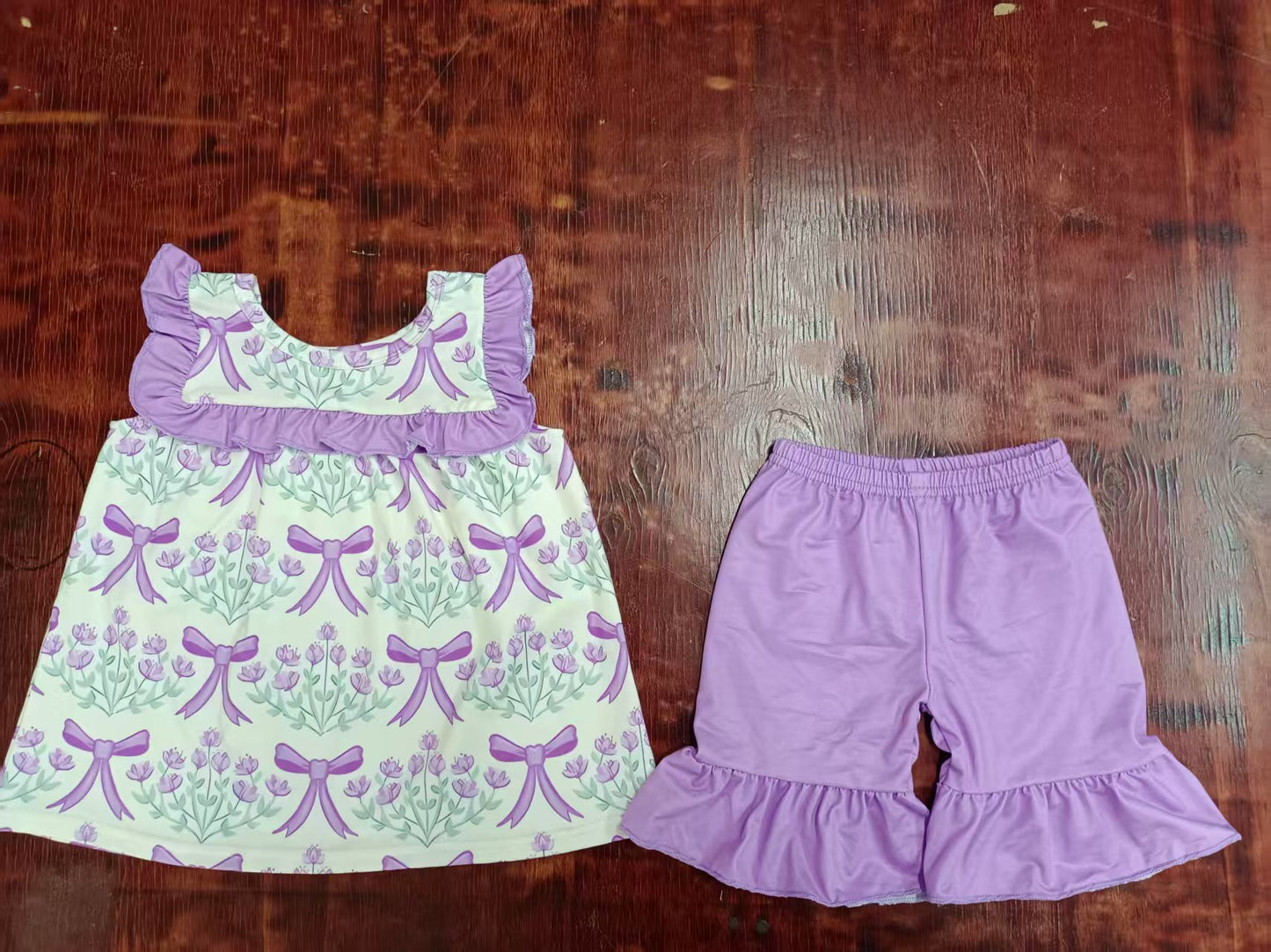 Preorder moq 5 Baby Girls Sleeveless Lavender Bows Floral Tunic Ruffle Shorts Set