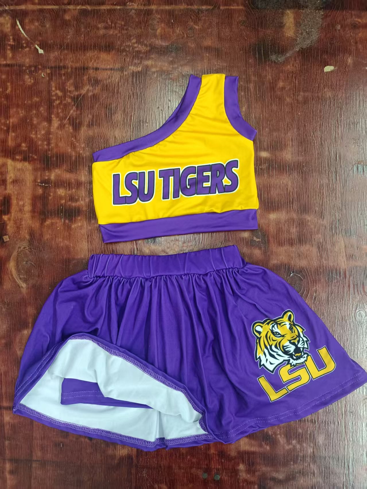 Preorder moq 5 Baby Girls One Shoulder LSU TIGERS Vest Top Purple Skort Set
