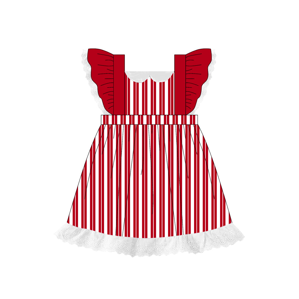 Preorder (moq 5)Baby Girls Red Flutter Sleeves Stripes Lace Knee Length Dresses