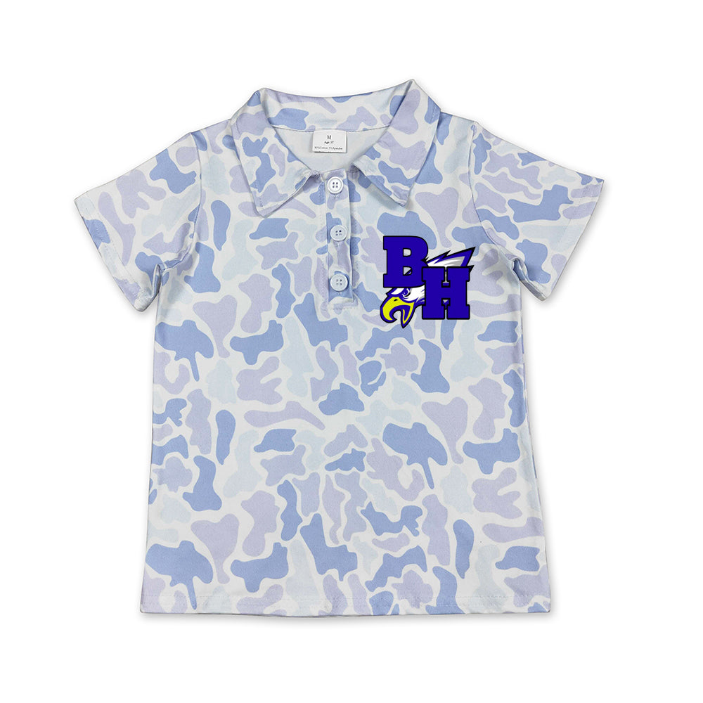 Preorder (moq 5)Baby Boys Light Blue Camo BH Eagles Team Button Polo Shirt Top