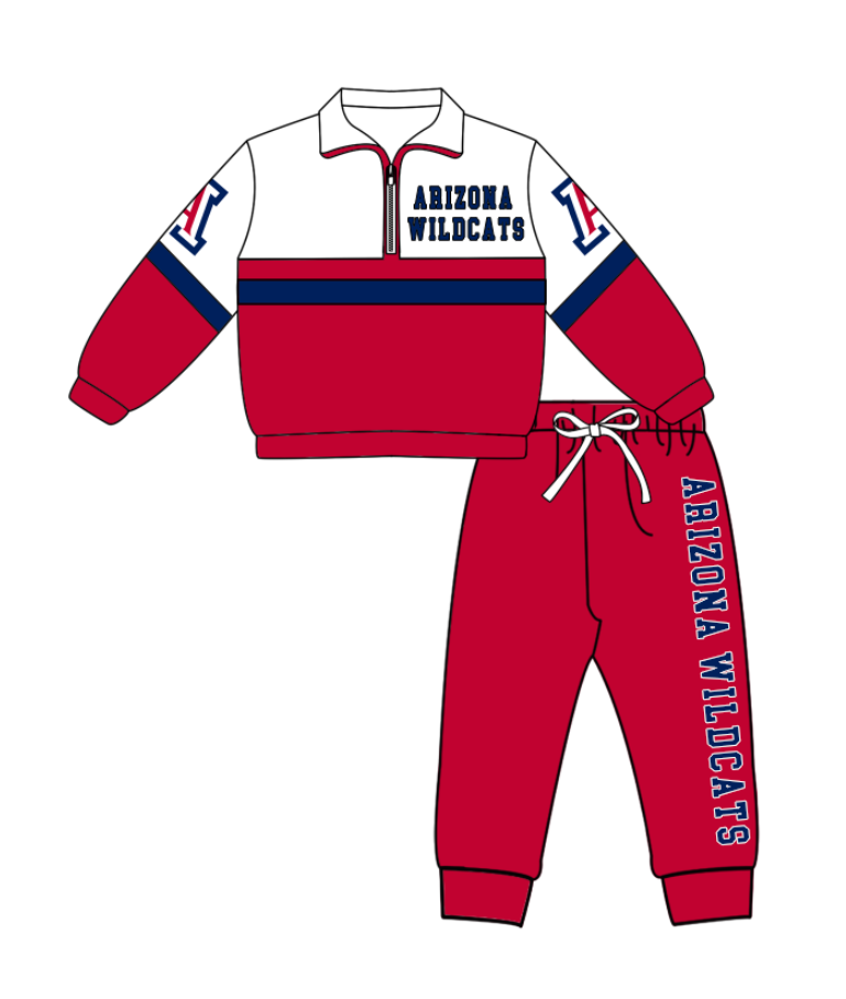Preorder (moq 5)Baby Boys Arizona Wildcats Zipper Pullover Jogger Pants Team Clothes Set