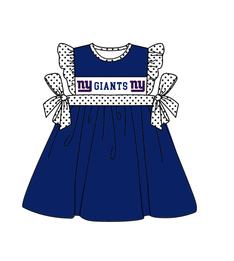 Preorder (moq 5)Baby Girls Polka Dots Flutter Sleeve Ny Giants Team Knee Length Dresses