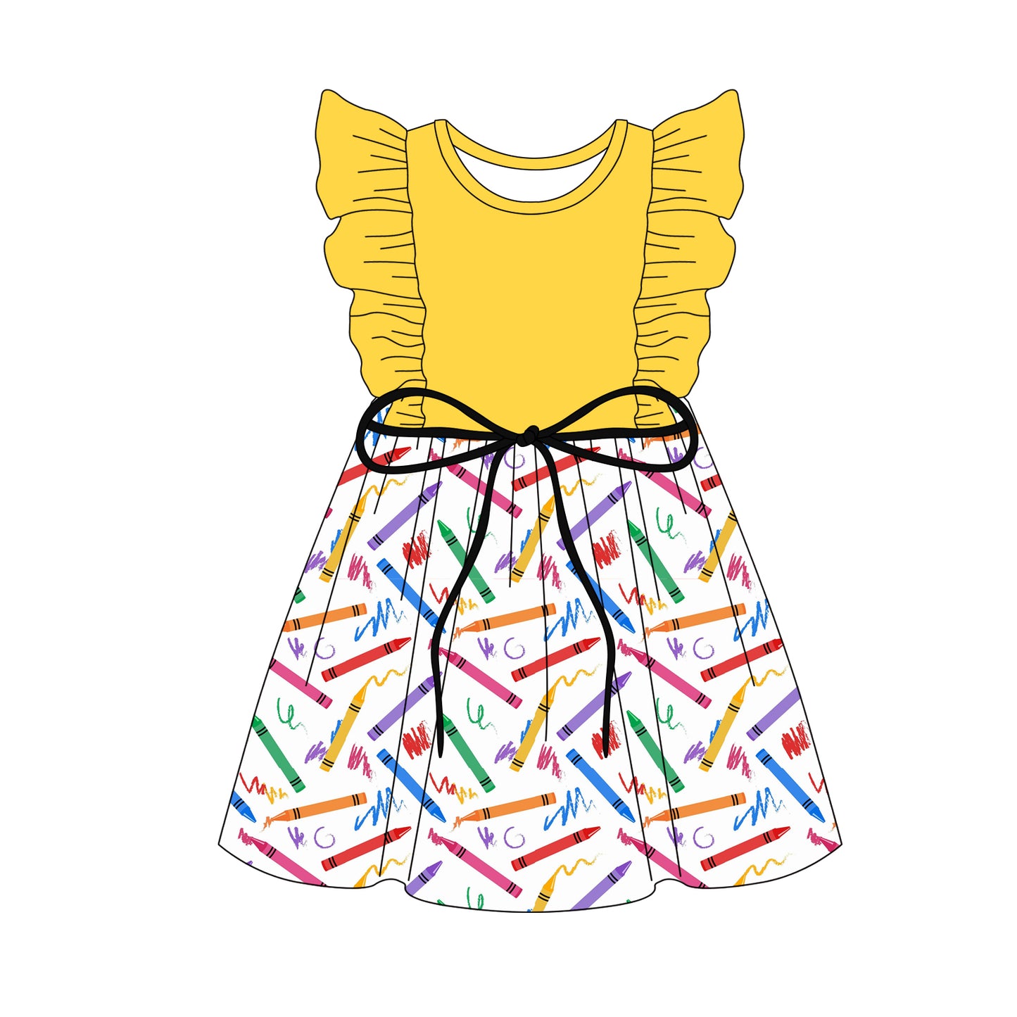 Preorder (moq 5)Baby Girls Yellow Flutter Sleeves Colorful Pencils Knee Length Dresses Preorder