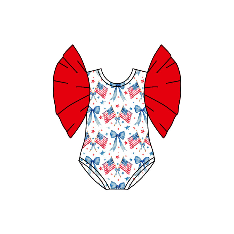 Preorder(moq 5)Baby Infant Girls 4th Of July Western Flag Bows Flutter Sleeve Rompers