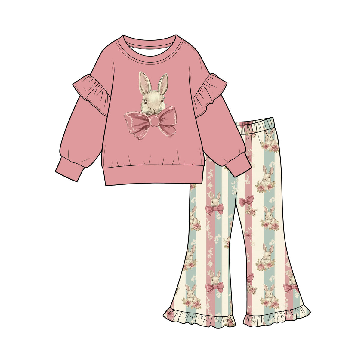 Preorder (moq 5) Baby Girl Clothes Bunny Bow Striped Floral Print Long Sleeve Ruffle Sweatshirt Flare Pant Set