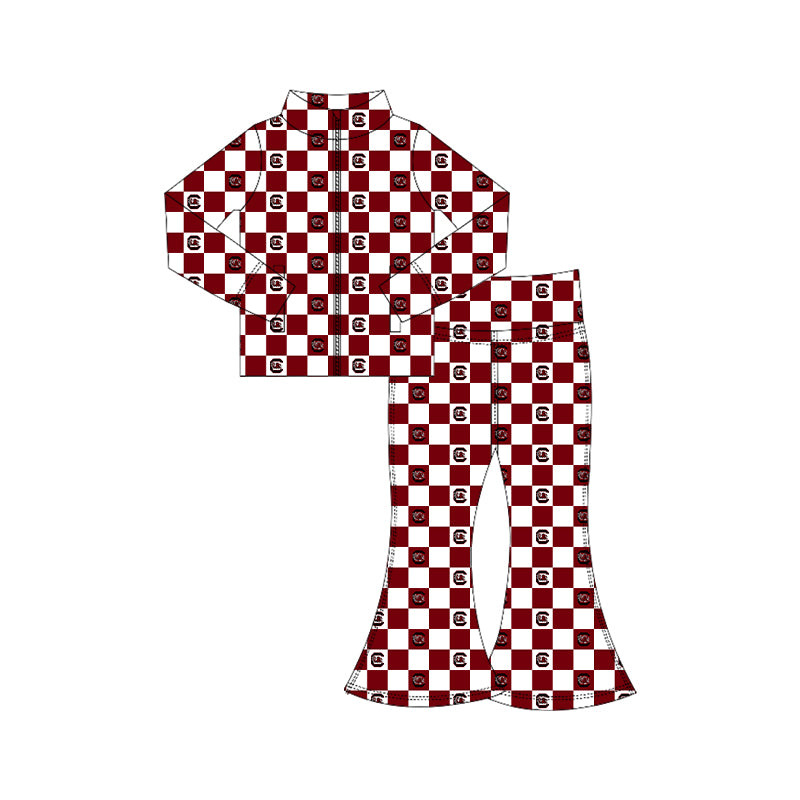 Preorder (moq 5) Baby Girls Gamecocks Red Checked Zip Jacket Bell Bottom Team Yoga Clothes Set