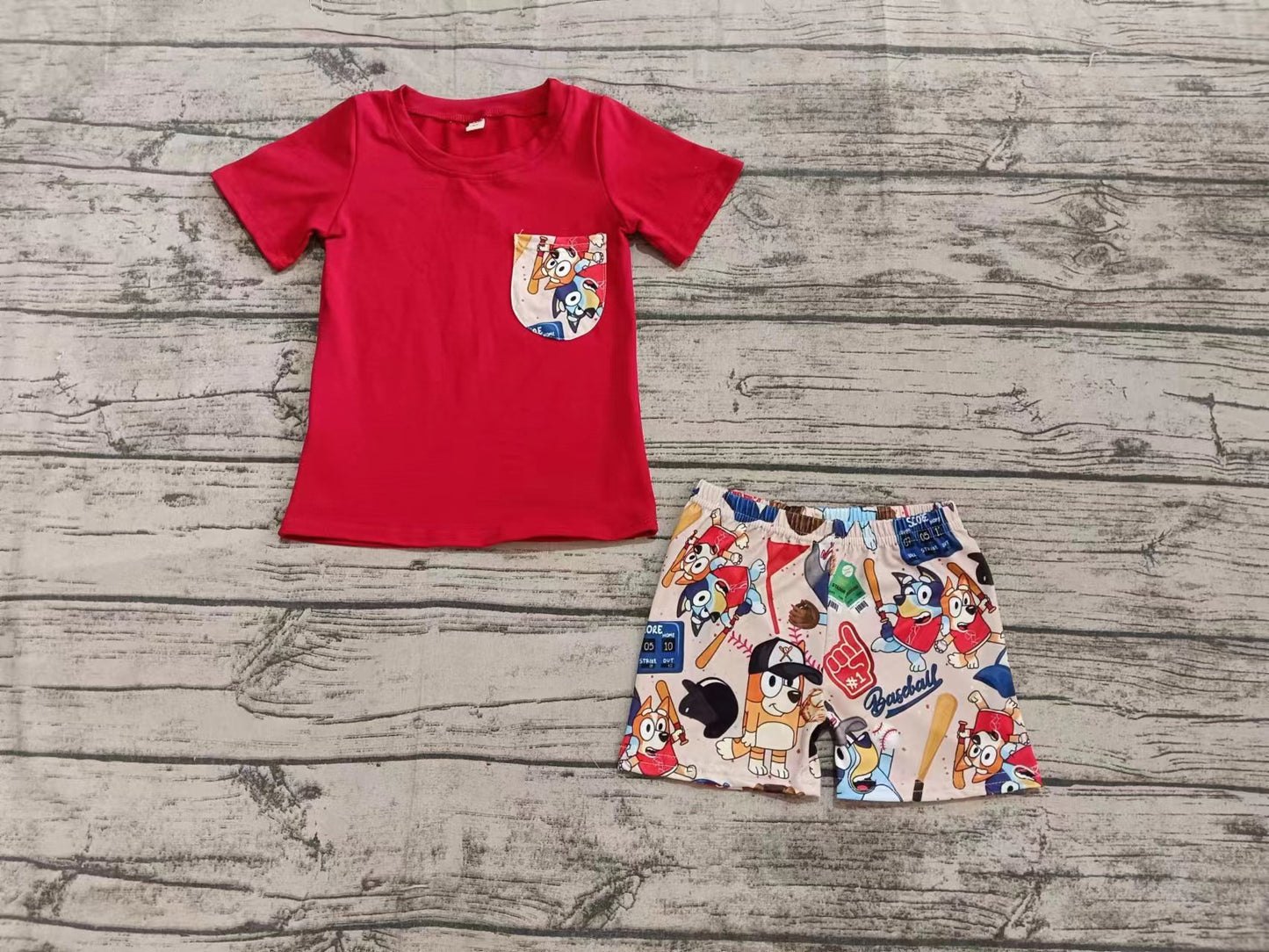 Preorder moq 5 Baby Boys Red Short Sleeves Pocket Top Cartoon Dogs Short Set
