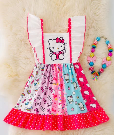 Preorder moq 5 Baby Girls Flutter Sleeves Cartoon Cat Red Polka Dots Knee Length Dress