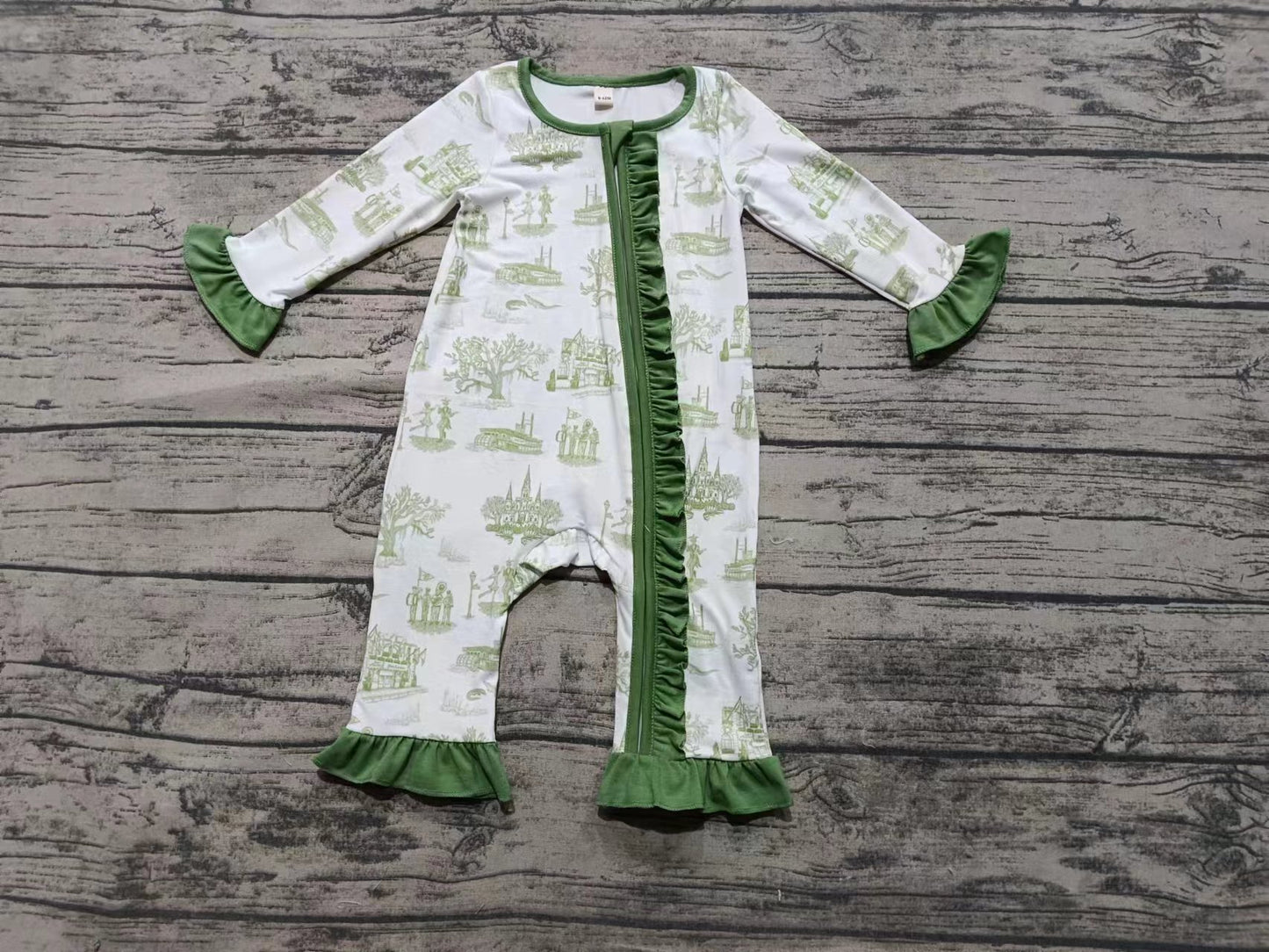 Preorder moq 5 Baby Girls Long Ruffle Sleeves Castle Zipper Pant Rompers