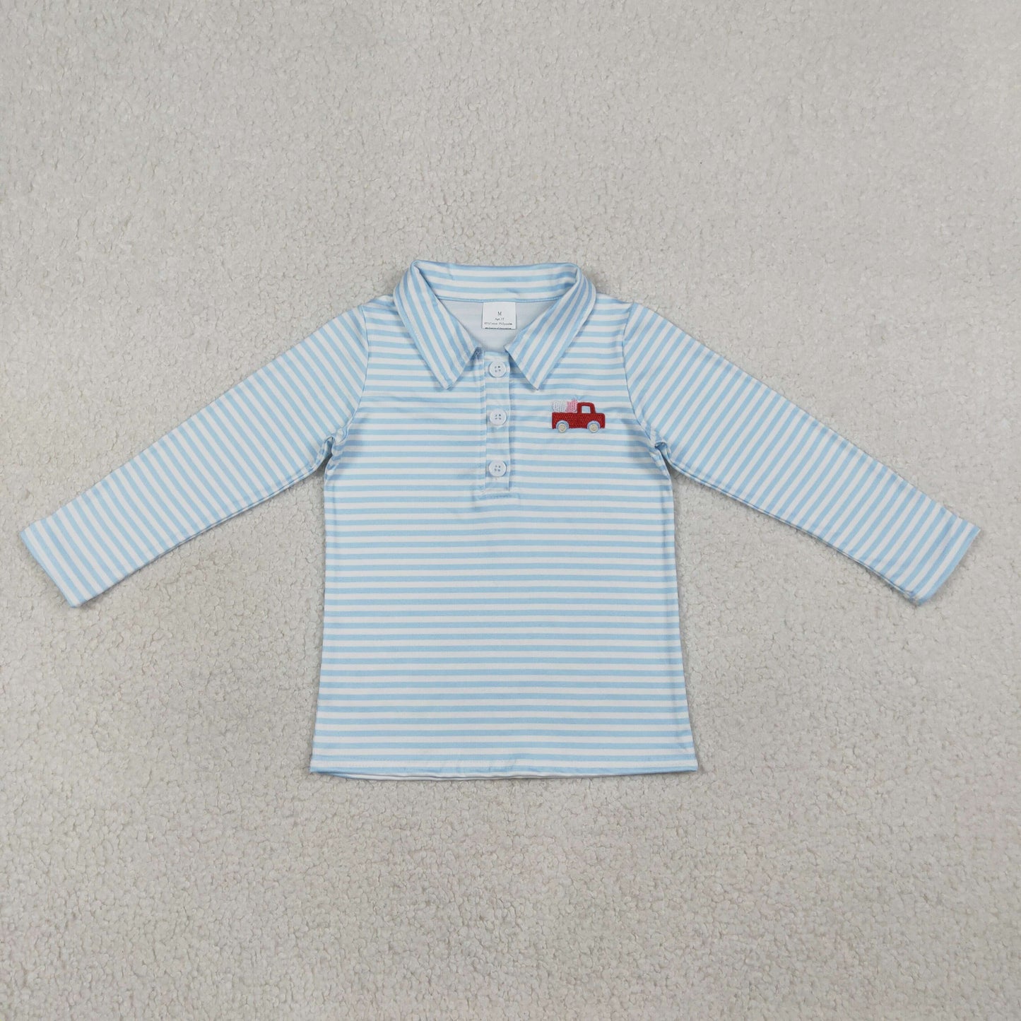 Embroidery Heart Trucks Baby Boys Blue Stripe Valentines Button Polo Shirts Top