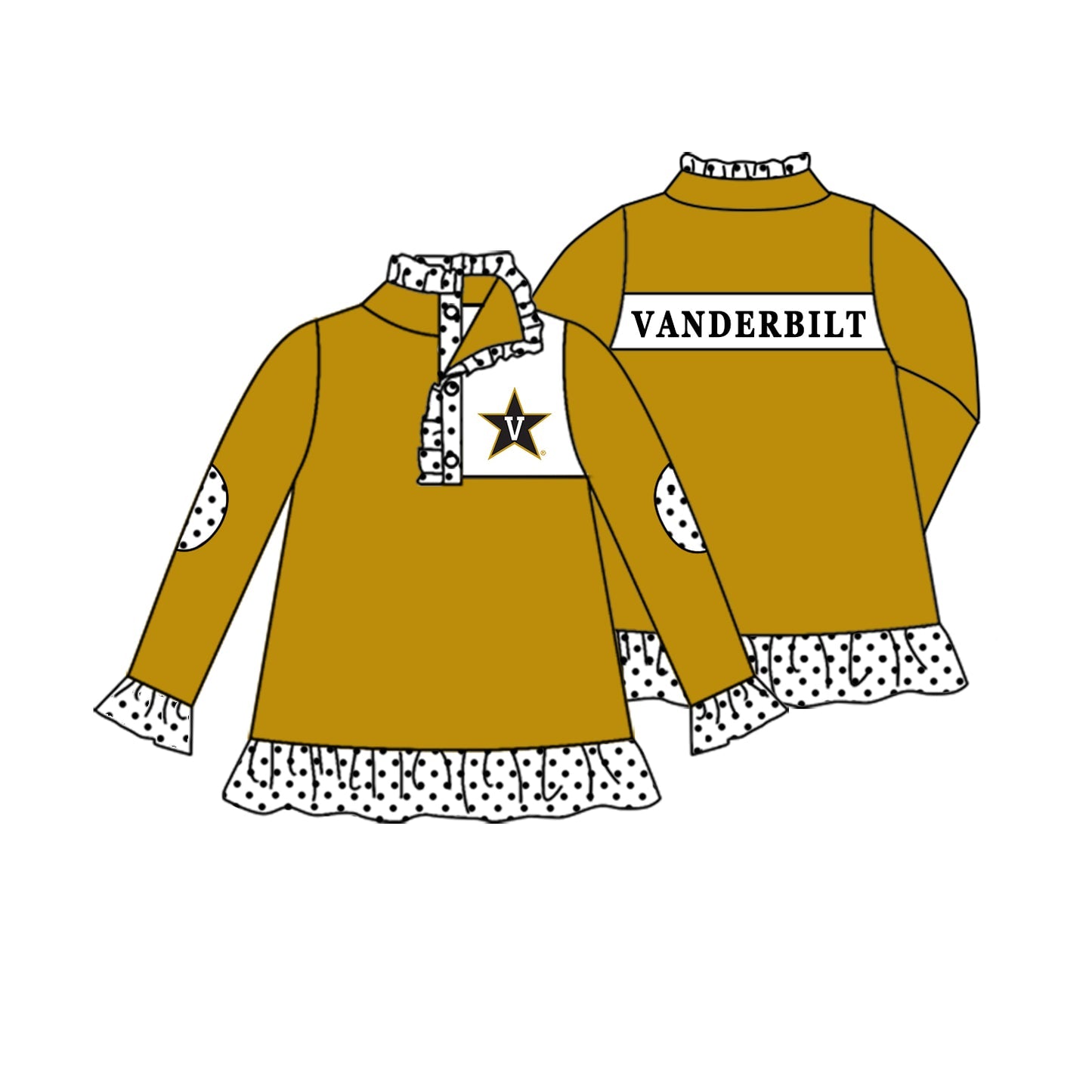 Preorder (moq 5)Baby Girls Gold Long Ruffle Sleeve Vanderbilt Team Zip Pullovers Top
