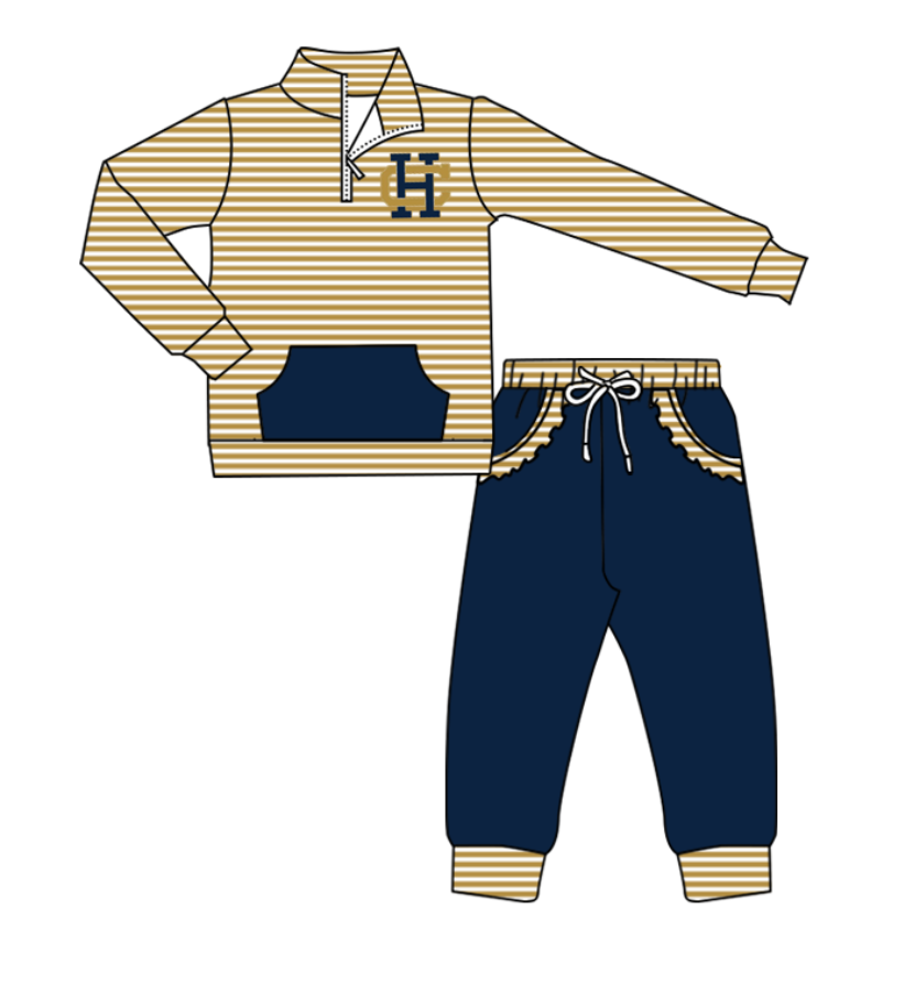 Preorder (moq 5)Baby Girls Gold Stripe CH Zip Pullover Pockets Jogger Team Clothes Sets
