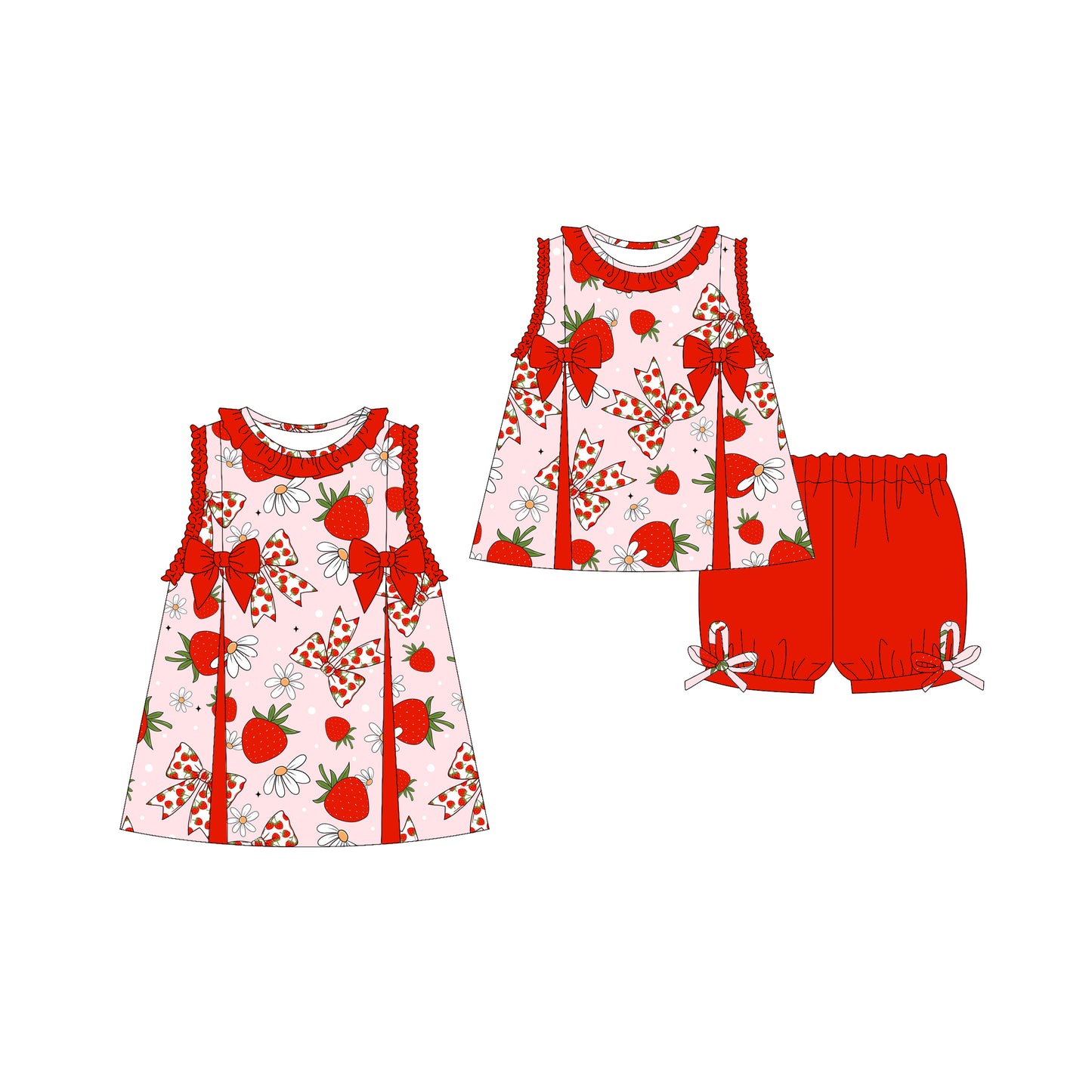 Preorder moq 5 Custom Baby Girls Sleeveless Red Flowers Strawberry Tunic Ruffle Short Set Knee Length Dresses
