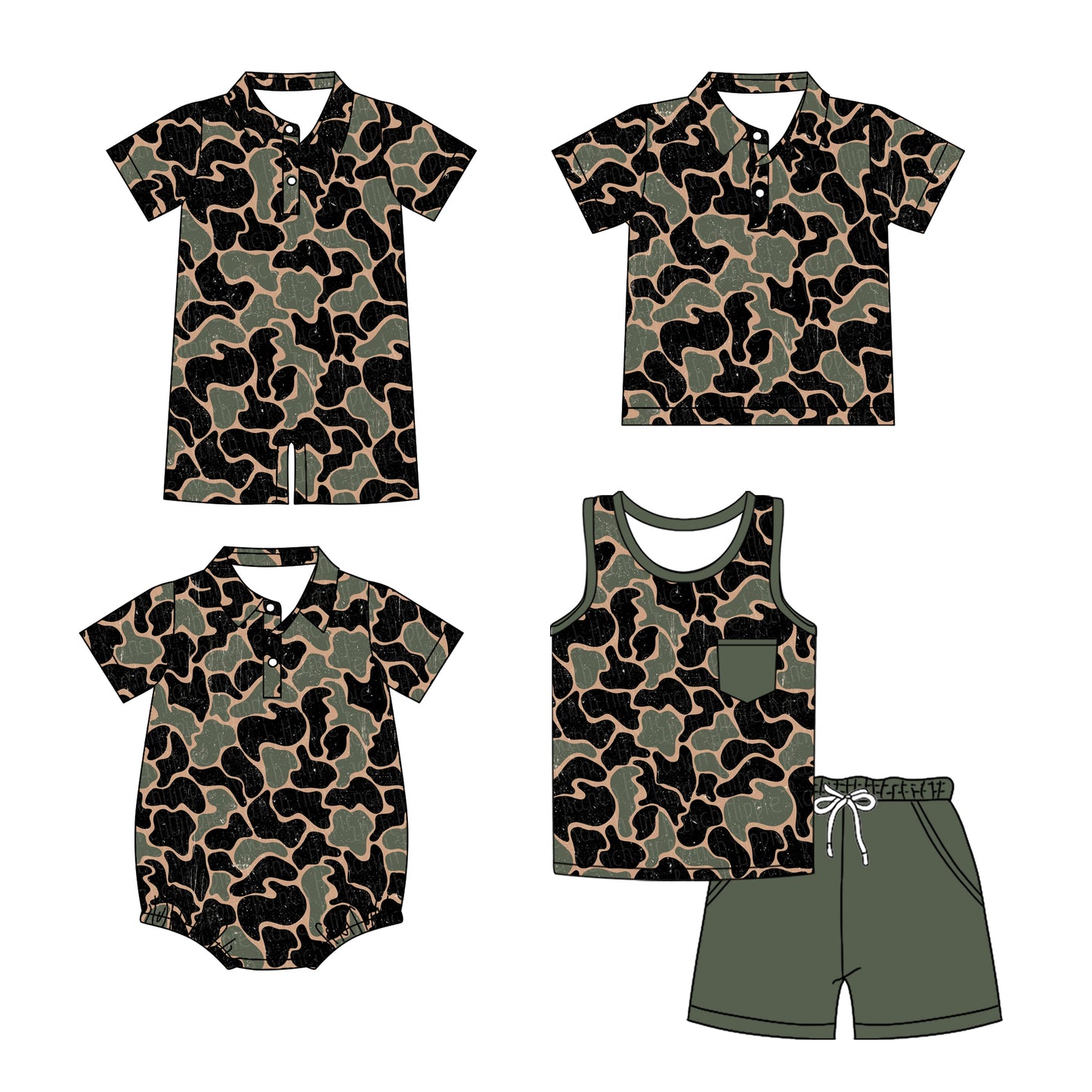 Preorder moq 5 Custom Baby Boys Olive Camo Short Sleeves Button Pocket Top Short Set Polo Shirts And Rompers