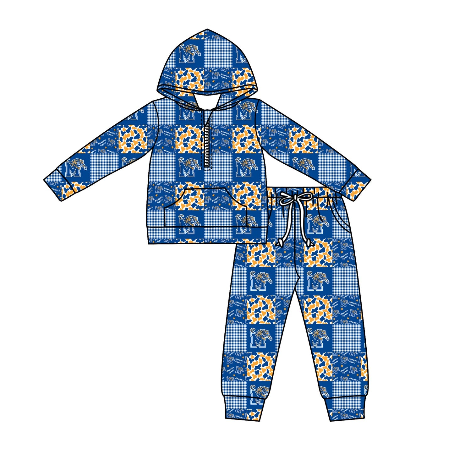 Preorder (moq 5)Baby Boys Camo M Tigers Checked Zipper Pockets Hoodies Pants Team Clothes Sets