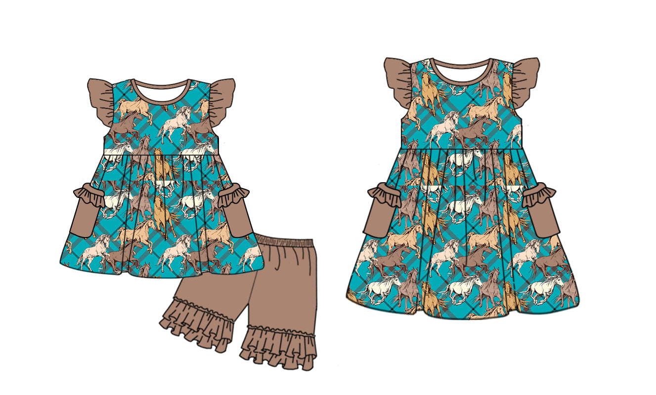 Preorder moq 5 Custom Baby Girls Green Plaid Horses Tunic Ruffle Short Set Knee Length Dresses