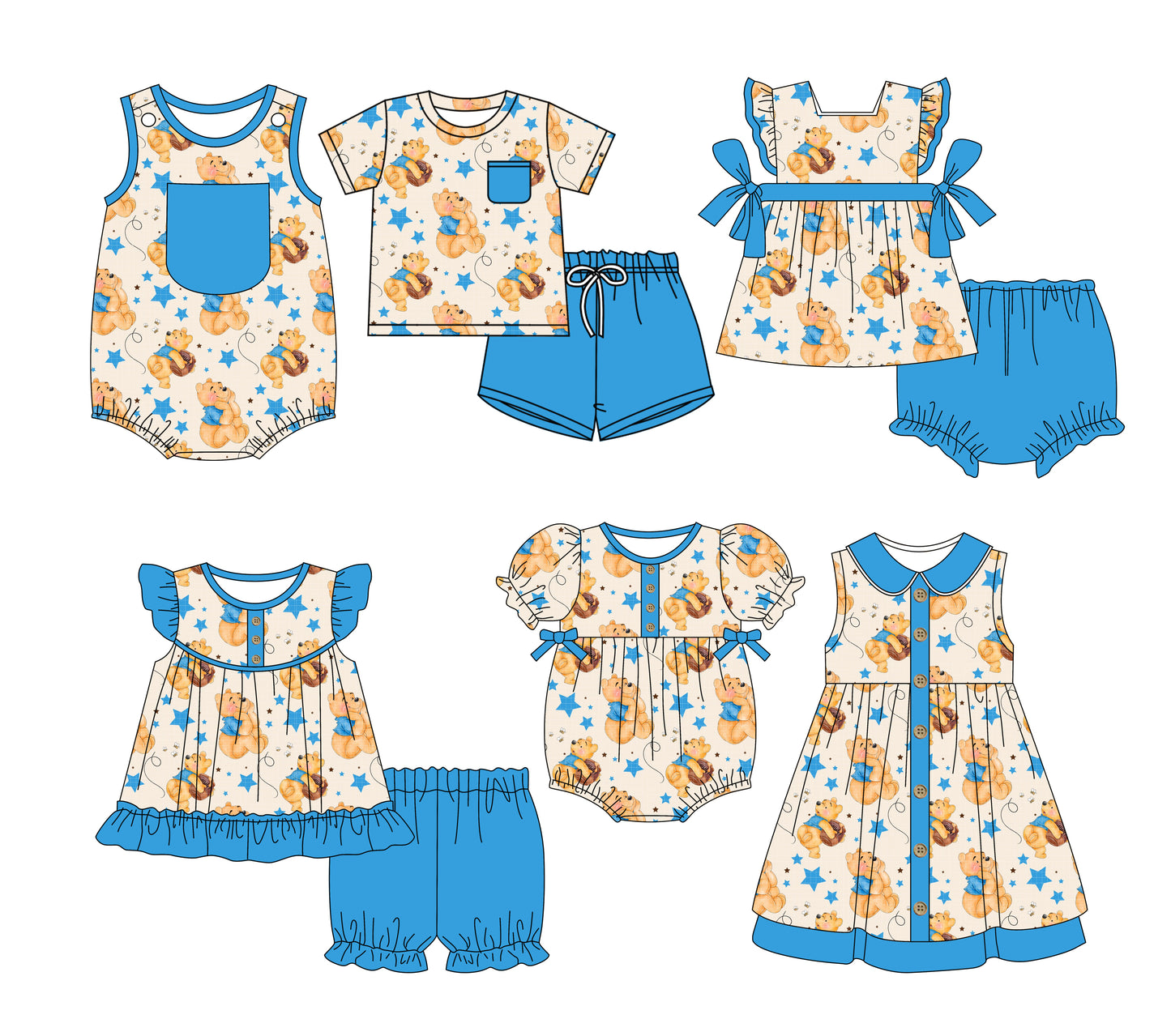 Preorder moq 5 Custom Baby Kids Blue Pocket Button Bears Stars Top Short Bummies Sets Dresses And Rompers