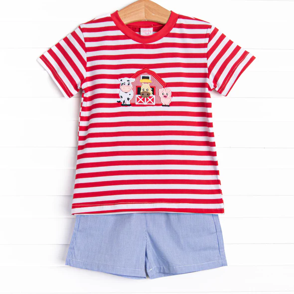 Preorder moq 5 Baby Girls Red Stripe Short Sleeves Cows House Top Blue Short Farm Set