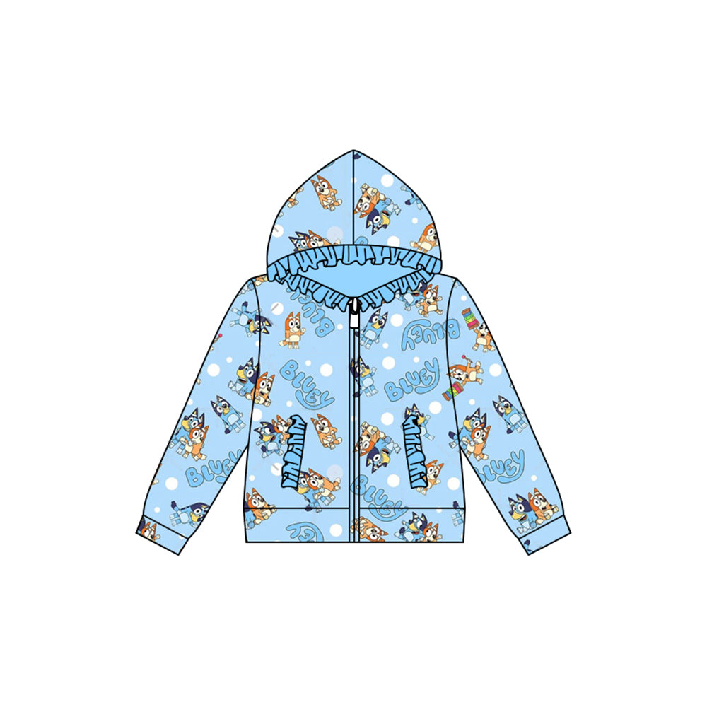 Preorder (moq 5)Baby Girls Blue Cartoon Dogs Hooded Zip Ruffles Tops Jackets