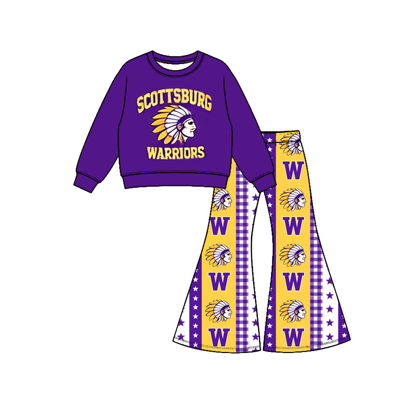 Preorder (moq 5) Girls Warriors Football Team Long Sleeve Shirts Bell Pants Boutique Outfits Clothes Sets