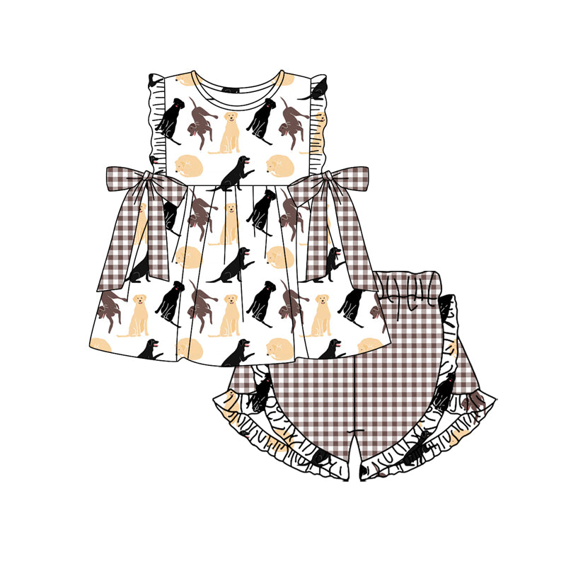 Preorder (moq 5)Baby Girls Dogs Hunting Bows Tunic Top Ruffle Shorts Clothes Sets