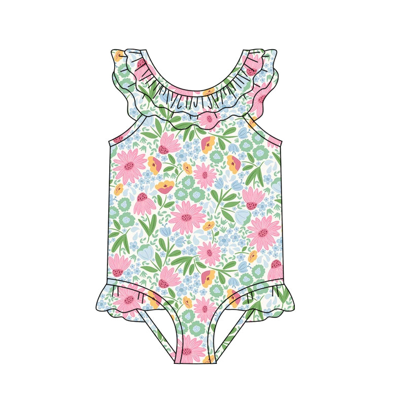 Baby Girls Beach Green Pink Flowers Ruffles One Piece Swimsuits preorder(moq 5)