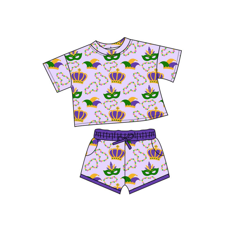 Preorder(moq 5) Baby Girls Mardigras Short Sleeve Anchors Masks Top Pockets Shorts Clothes Sets