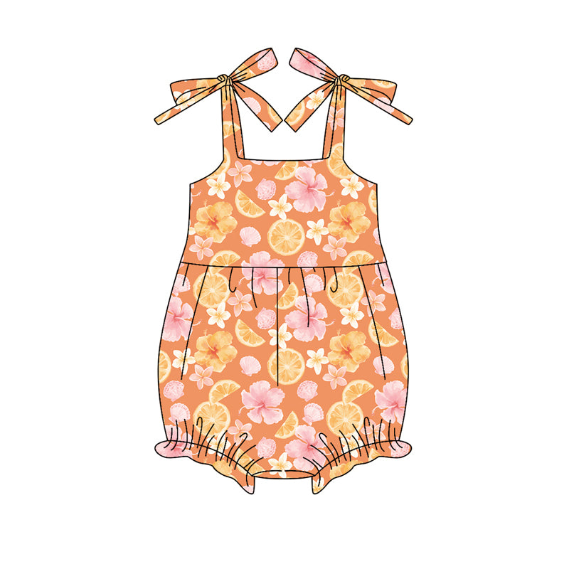 Preorder (moq 5)Baby Girls Orange Bows Strap Lemons Flowers Ruffle Rompers