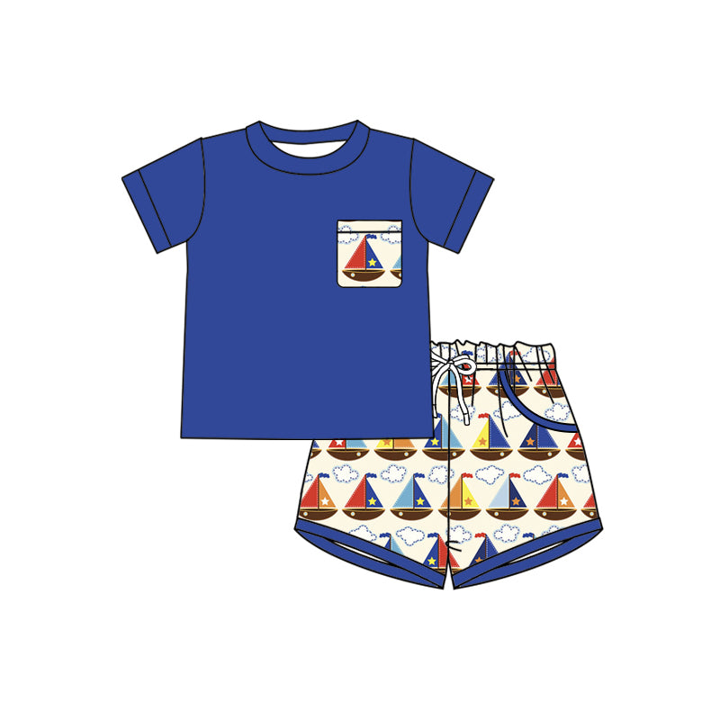 Preorder (moq 5)Baby Boys Stars Boats Top Checked Pockets Shorts Clothes Set