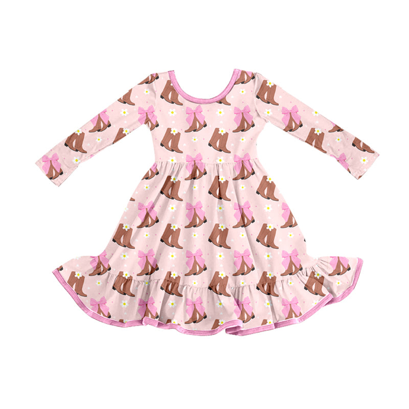 Preorder (moq 5)Baby Girls Western Boots Bows Ruffle Knee Length Dresses
