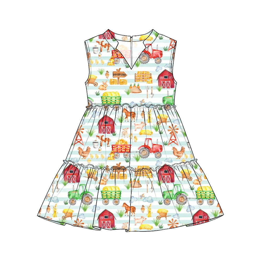 Preorder (moq 5) Girls Collared Sleeveless Tiered Dresses, Farm Tractor, Rooster, Sheep & House Print, Fall Harvest Thanksgiving Outfit