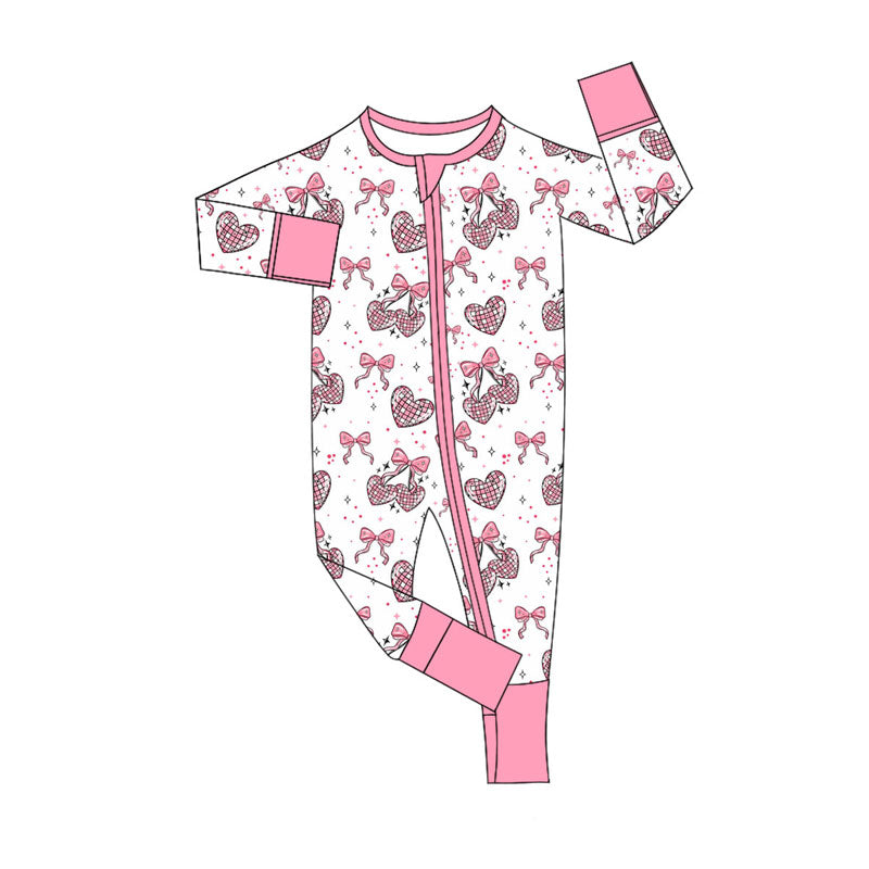 Preorder (moq 5)Baby Girls Pink Bows Hearts Valentine Zipper Footie Rompers