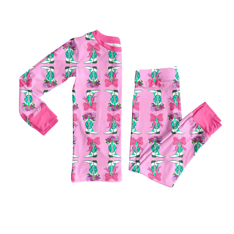 Preorder(moq 8)Baby Girls Bows Flowers Boots Stripe Top Pant Pajamas Sets