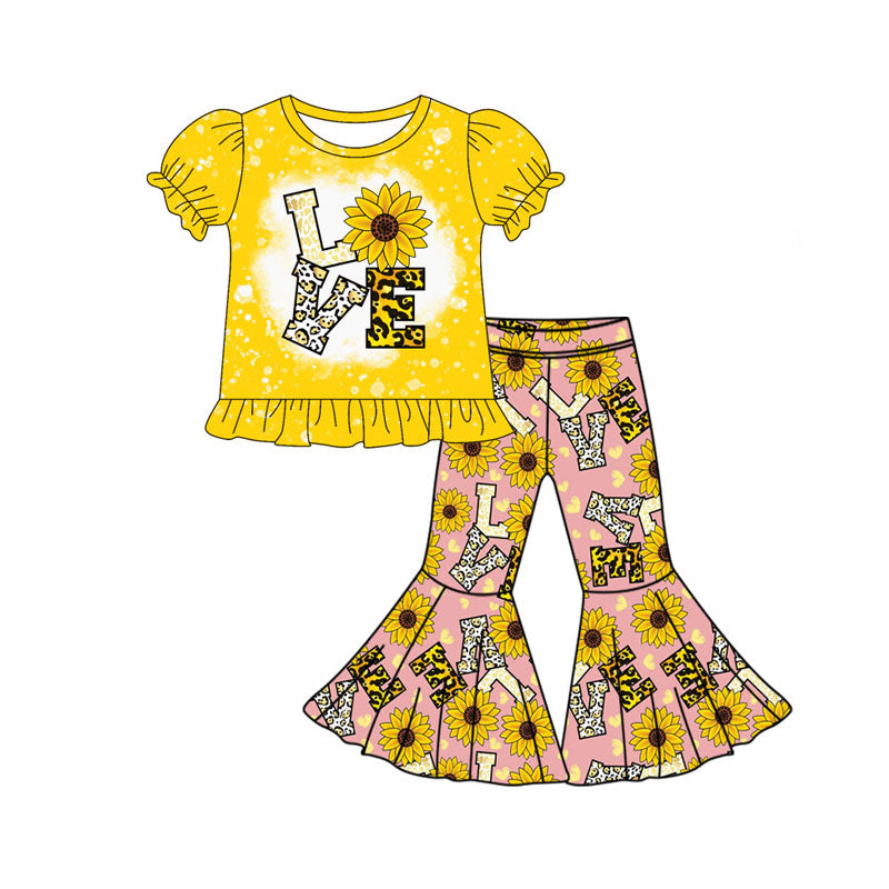 Preorder(moq 5) Baby Girls Love Sunflowers Top Bell Bottom Pants Valentine Clothes Sets