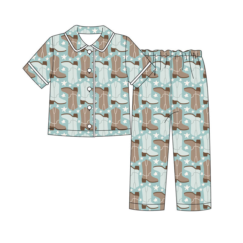 Preorder(moq 8)Baby Boys Green Boots Stars Button Top Pants Pajamas Sets