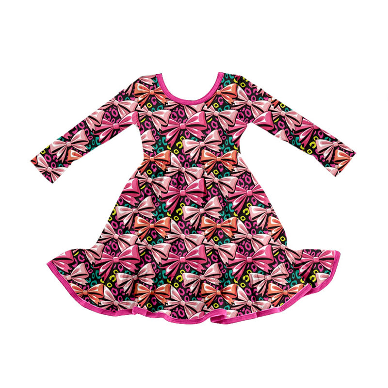 Preorder (moq 5)Baby Girls Colorful Leopard Bows Ruffle Knee Length Dresses