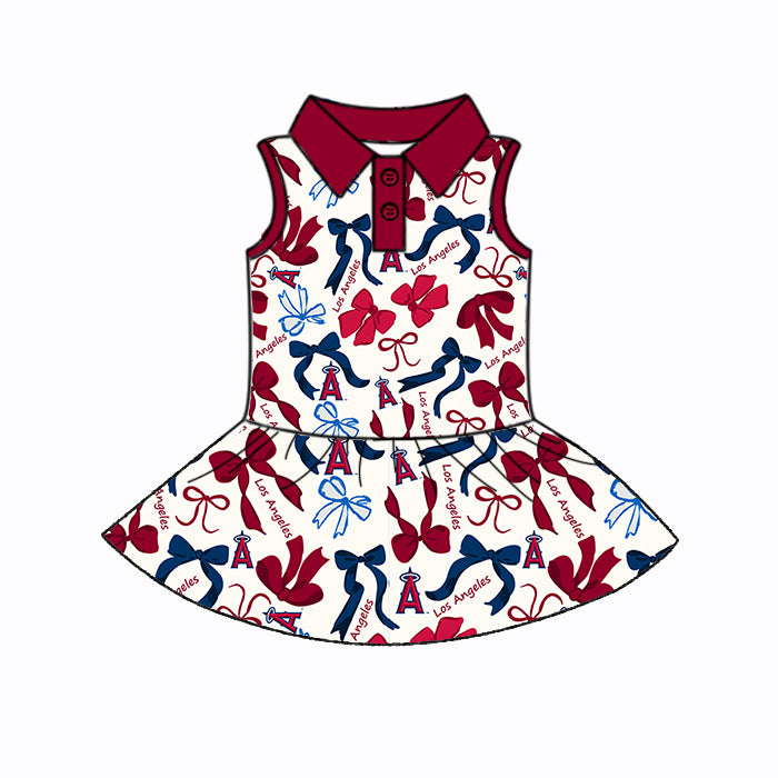 Preorder (moq 5)Baby Girls Blue Red Los Angel Bows Plaid Button Team Knee Length Dresses