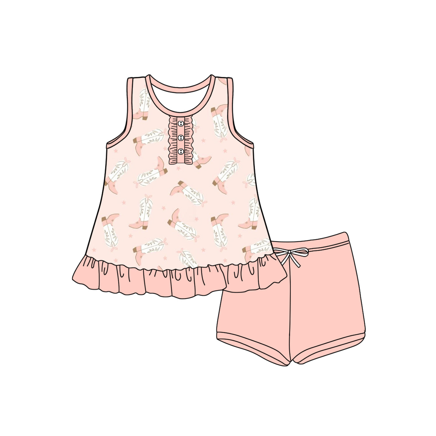 Preorder (moq 5)Baby Girls Peach Sleeveless Button Boots Stars Tunic Short Set