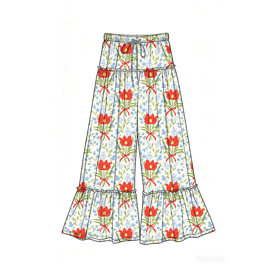 Preorder (moq 5)Baby Girls Bows Flowers Checked Bell Bottom Pants