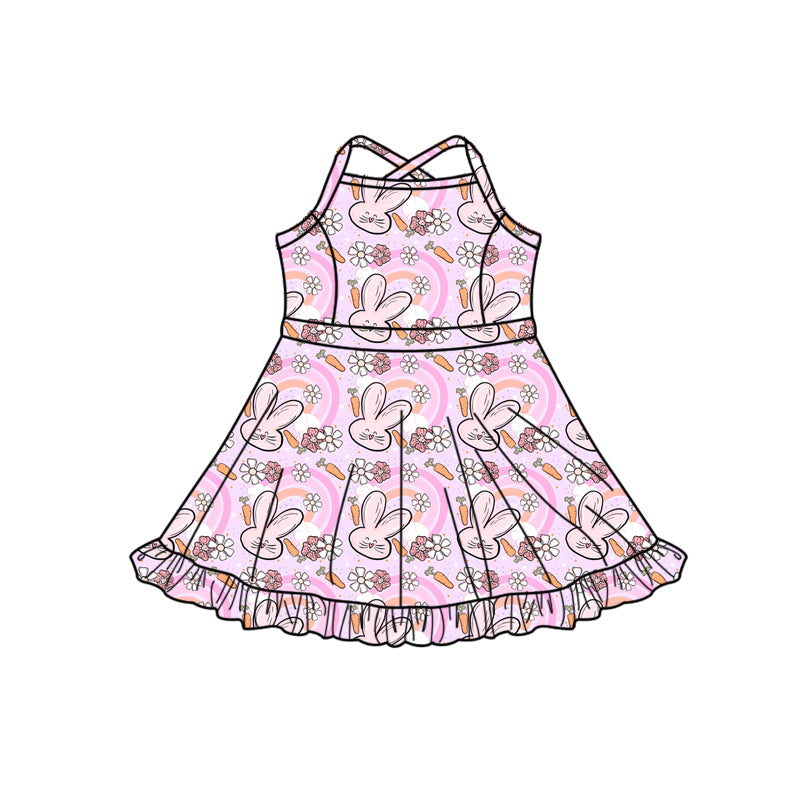 Preorder (moq 5)Baby Girls Strap Flowers Rabbits Easter Shorts Ruffle Knee Length Dresses