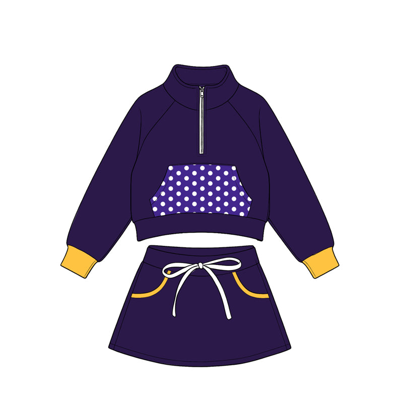 Preorder(moq5) Kids Half Zip Cropped Sweatshirt Skirt 2‑Piece Athletic Outfit