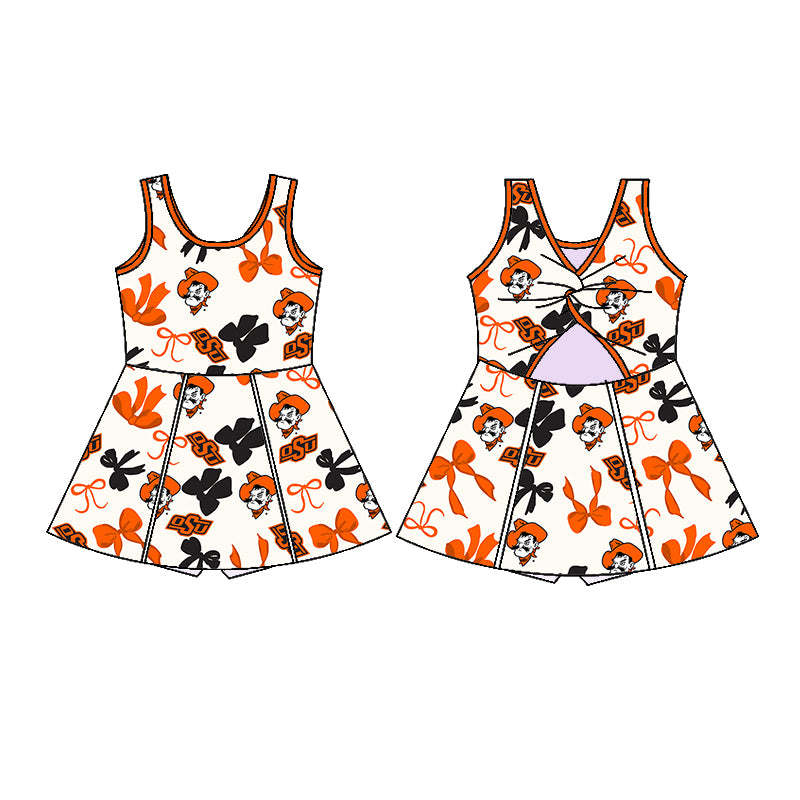 Preorder (moq 5)Baby Girls Sleeveless Orange Bows Plaid OSU Shorts Team Knee Length Dresses