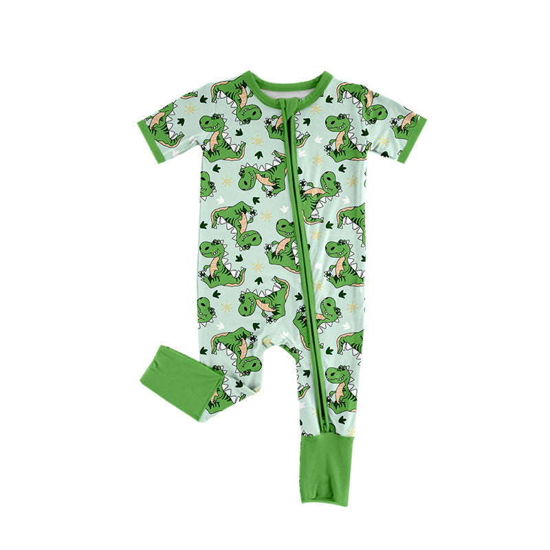 Preorder (moq 5)Baby Boys Green Short Sleeves Dinosaurs Zipper Rompers