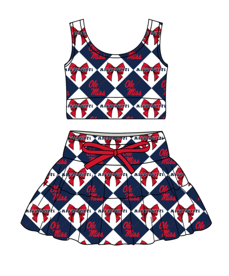 Preorder moq 5 Baby Girls Sleeveless Ole Miss Bows Top Skirt Shorts Team Clothes Set